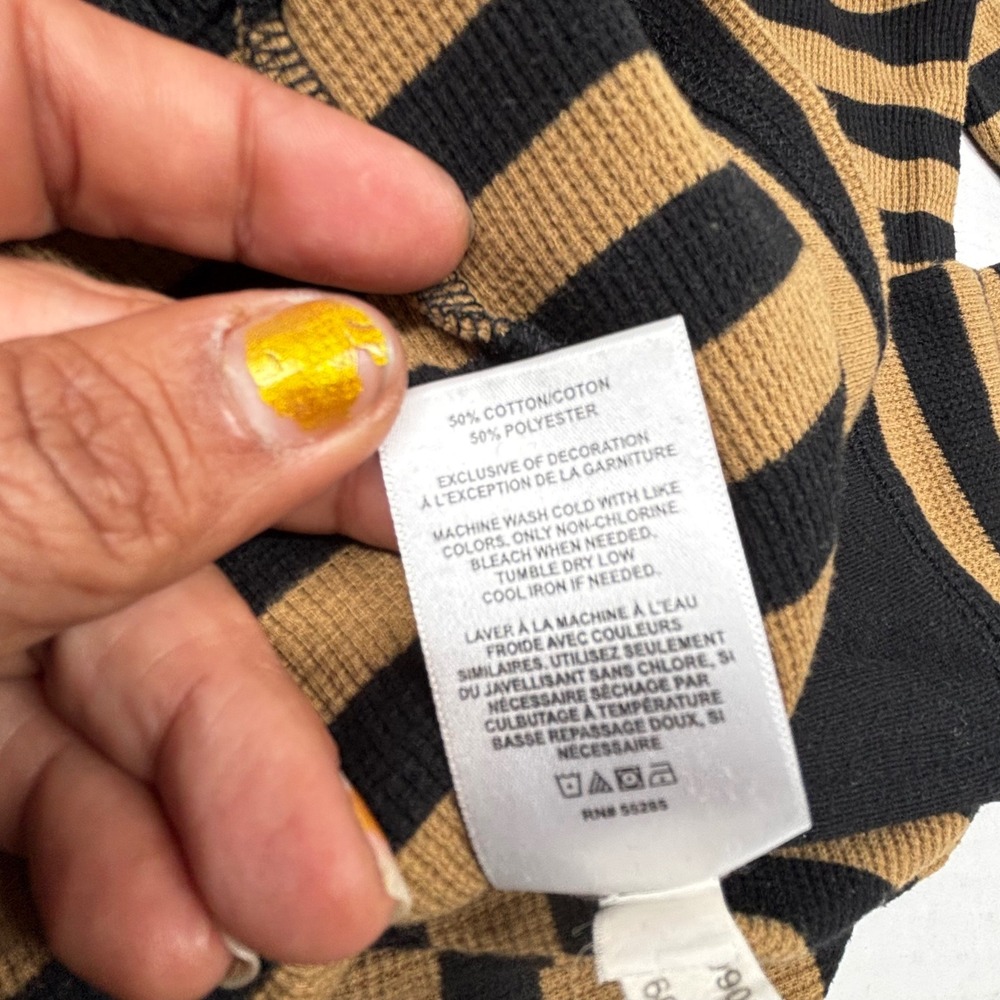 Express‎ Mens Thermal Shirt Striped Waffle Knit Black Tan Medium Retro Y2K EUC - Picture 8 of 10